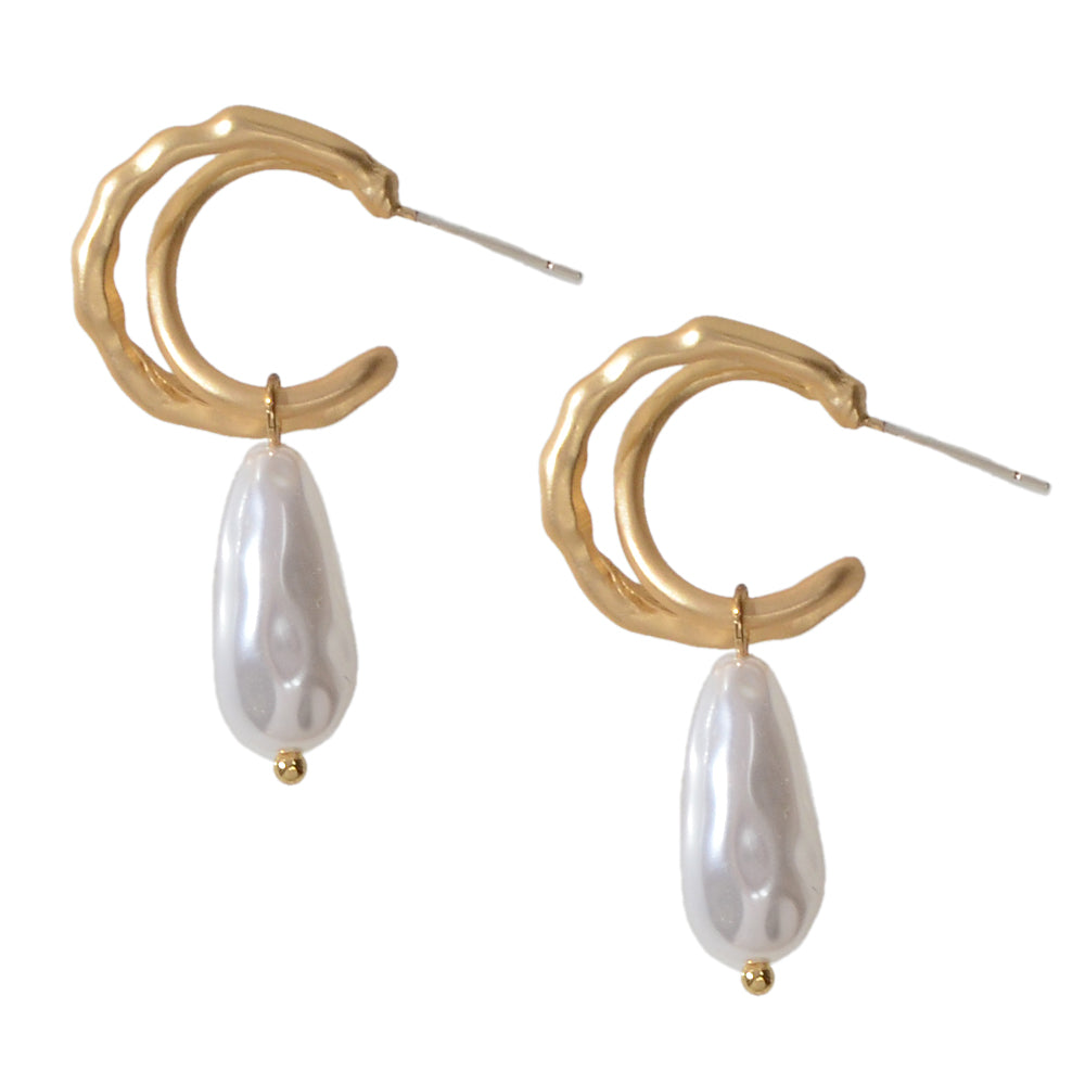 Retro Gold Metal Big Pearl Geometric Classics Hypoallergenic Dangle Stud Earring-3