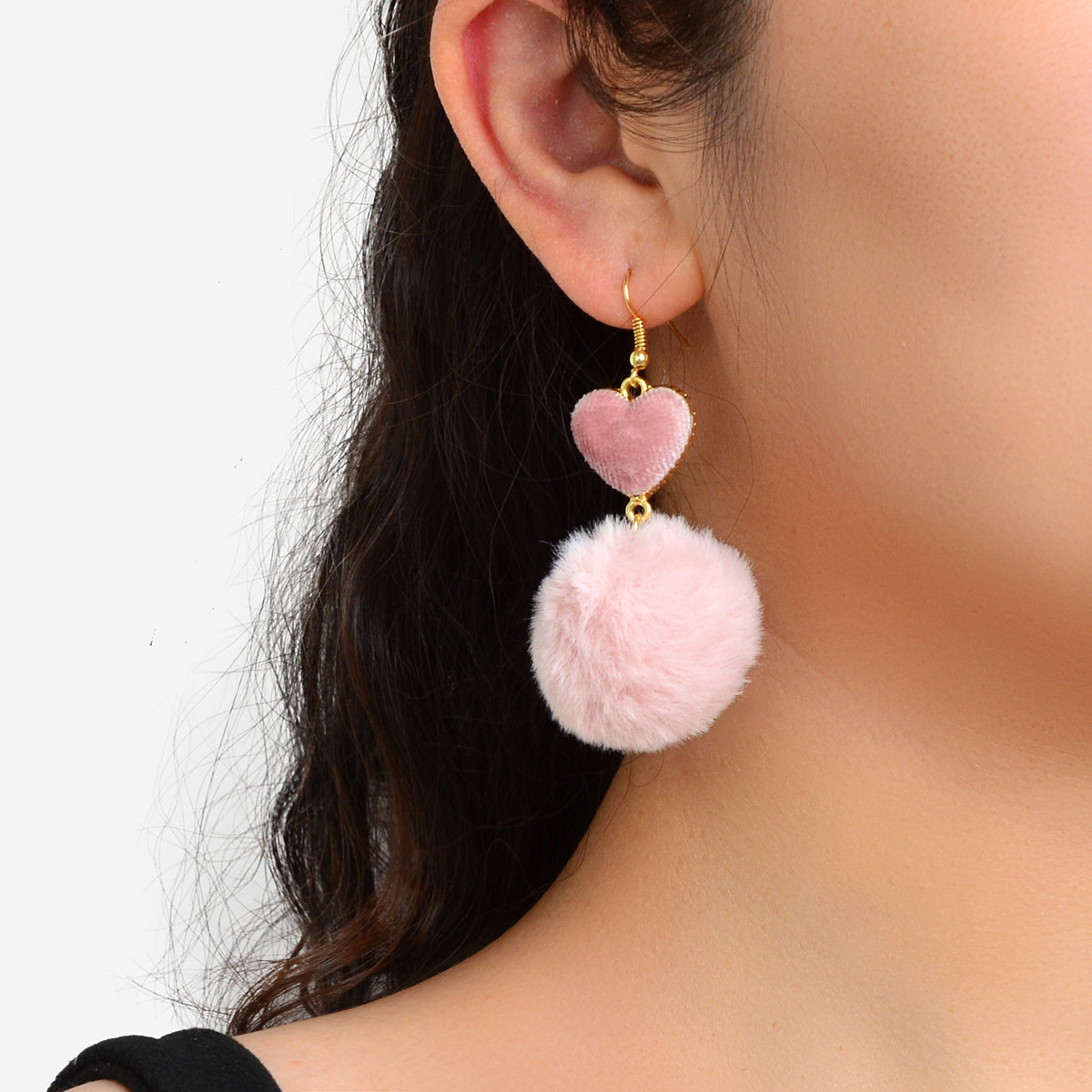 Faux Fur Fluffy Ball Handmade Soft Plush Pom Pom Heart Dangle Earrings Jewellery