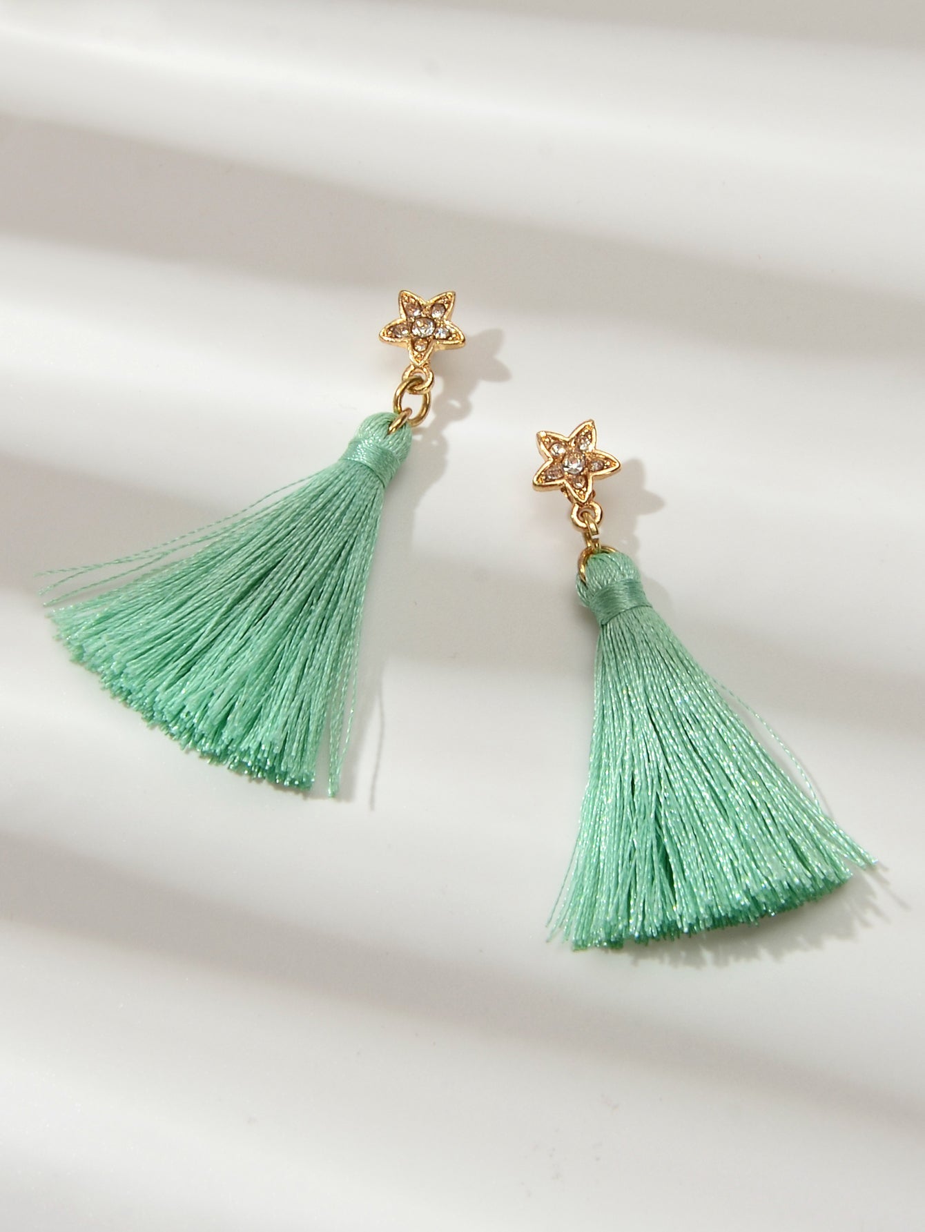 Bohemian Ethnic Jewellery Rhinestone Star Green Tassel Dangle Holiday Earrings