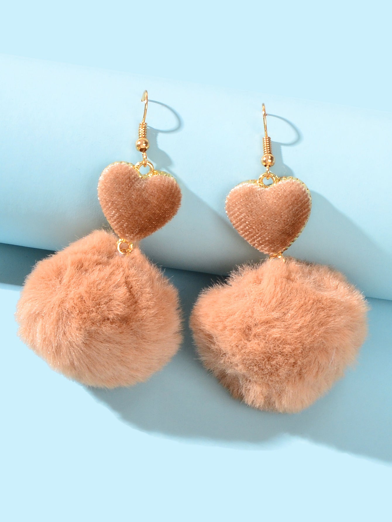 Faux Fur Fluffy Ball Handmade Soft Plush Pom Pom Heart Dangle Earrings Jewellery