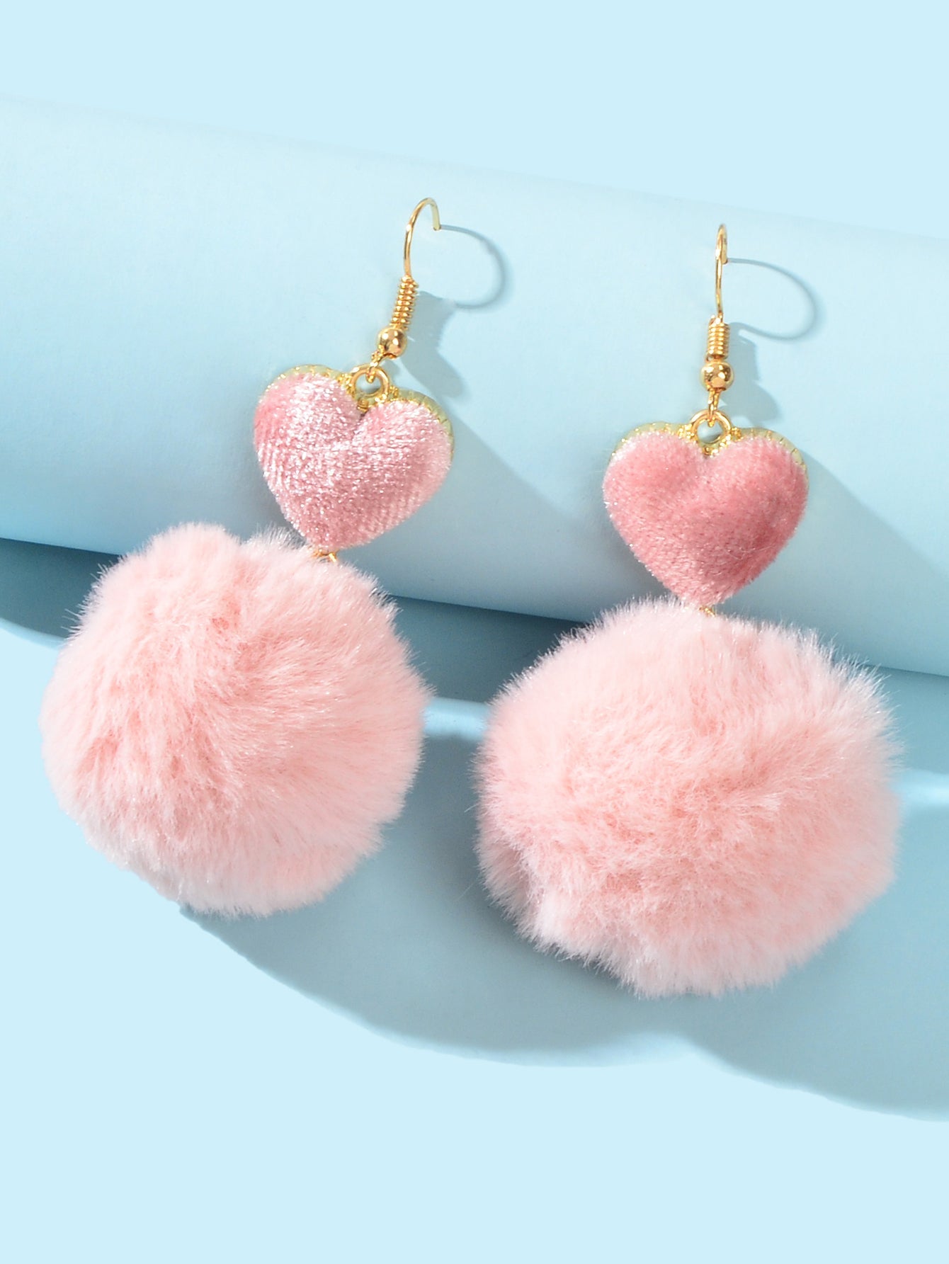 Faux Fur Fluffy Ball Handmade Soft Plush Pom Pom Heart Dangle Earrings Jewellery