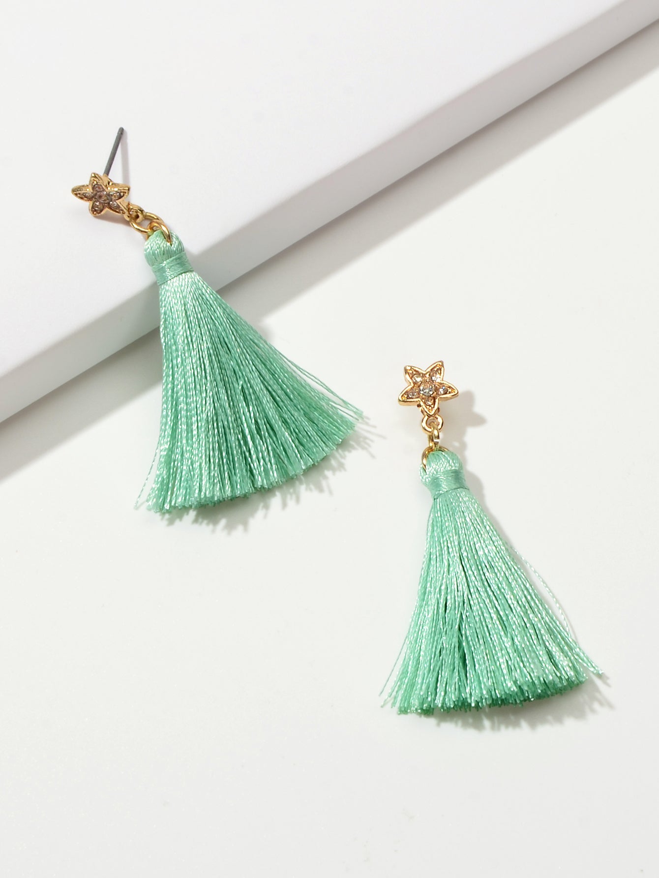 Bohemian Ethnic Jewellery Rhinestone Star Green Tassel Dangle Holiday Earrings